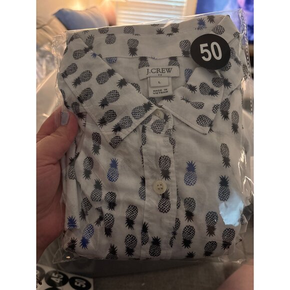 J. Crew Pineapple Print Button-Down Shirt Womens  Cotton White & Blue - Picture 10 of 11